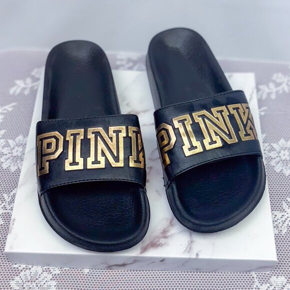 Victoria’s Secret Pink Single Strap Slides Sandals Black & Gold - Picture 8 of 8